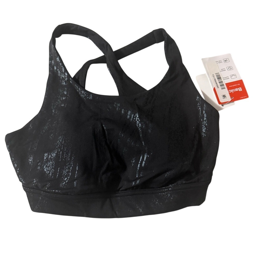 Sports Illustrated SI X-Back Sports Bra Black Ski Tracks Foil Medium Support S‎